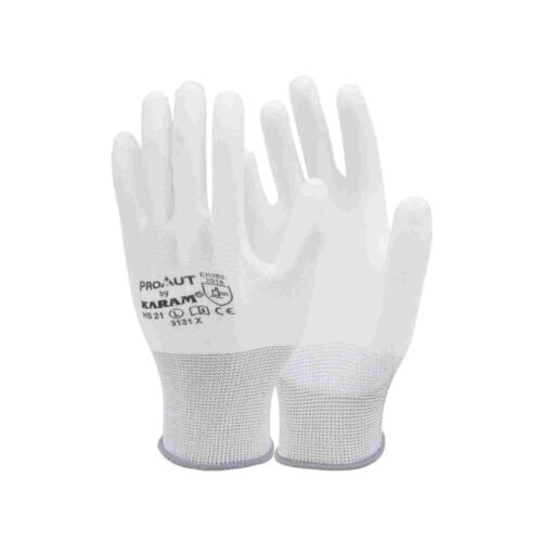 KARAM – HS21 | White Liner With White PU Coating Hand Gloves| Large | Pack Of 12