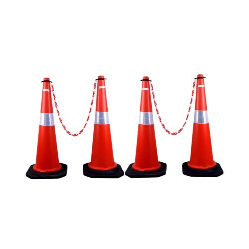 KTAUTOMATION – Traffic Cone 750 MM Height With 4 Meter Chain For Parking Construction Industries Hospitals Malls Etc Pack Of 4 Cones Red with 4 Meter PVC Chain Red And White