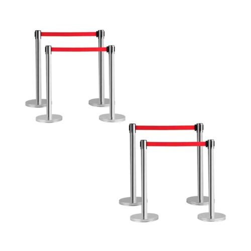 KUNPLAST – Pack Of 8 | Red Stanchion Queue Manager With Extendable 2.25 mtr Strap | 202 Grade Steel (8 Pole 4 Rope)