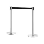 Kunplast Queue Manager Stanchion (Retractable Strap or Golden Velvet Rope) Steel post, black 2.25 m strap 2 poles, 1 strap