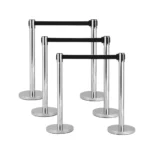 Kunplast Queue Manager Stanchion (Retractable Strap or Golden Velvet Rope) Steel post, black 2.25 m strap 6 poles, 3 straps